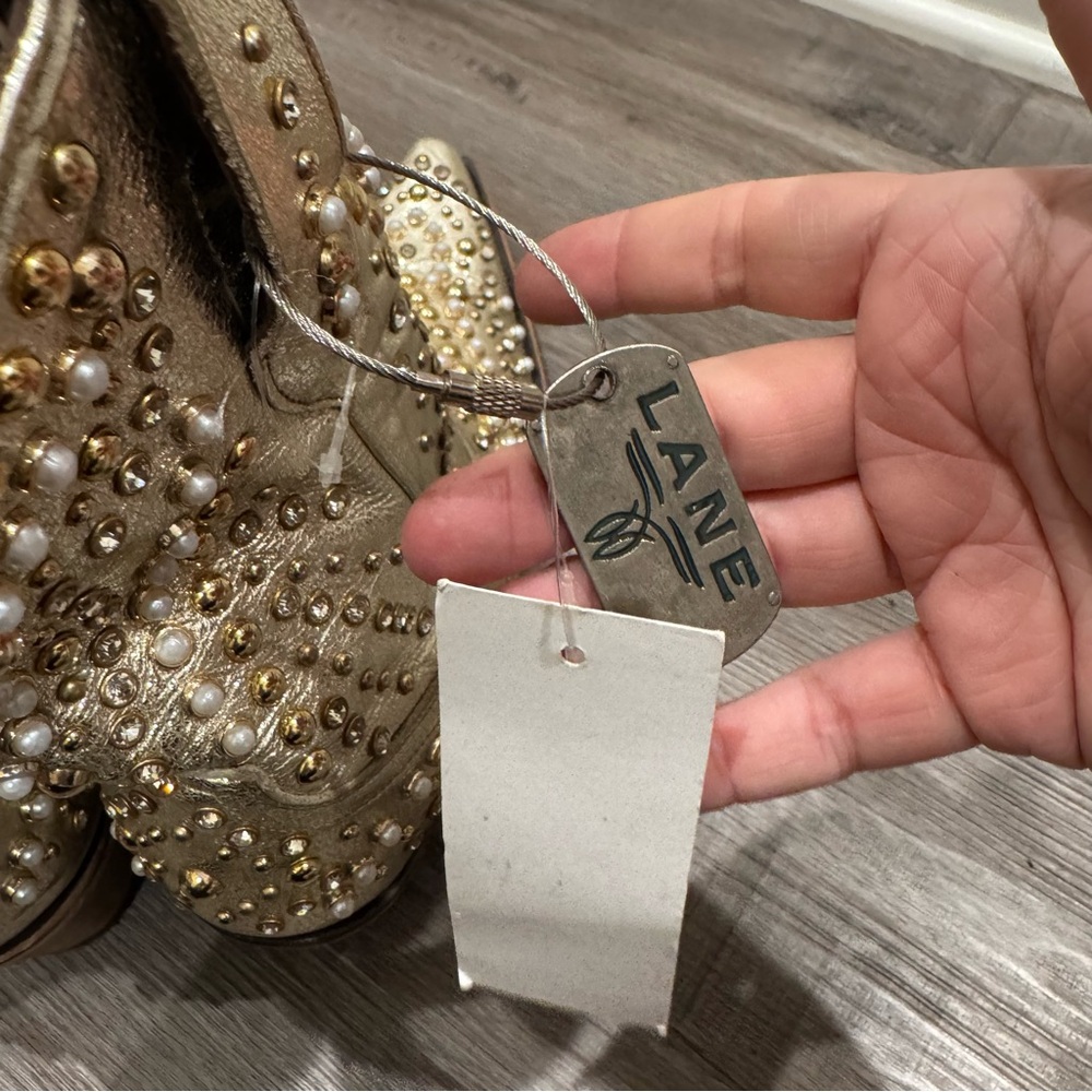 Lane Dolly Pearl Stud Jeweled Cowboy Western Metallic Gold Leather Bootie Boots - Picture 11 of 14